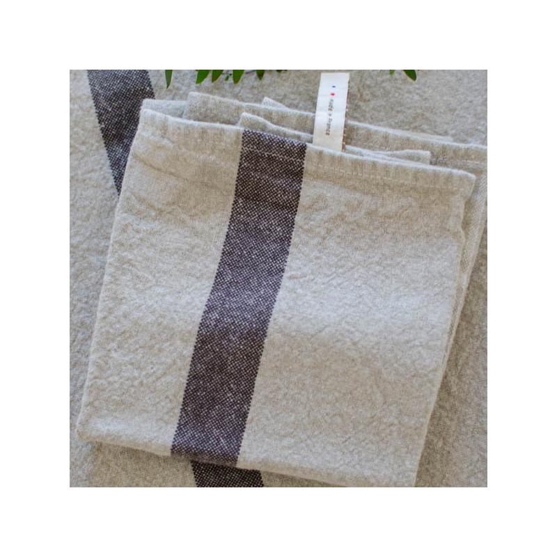 Elina ecru washed linen tea towel with Brown stripes