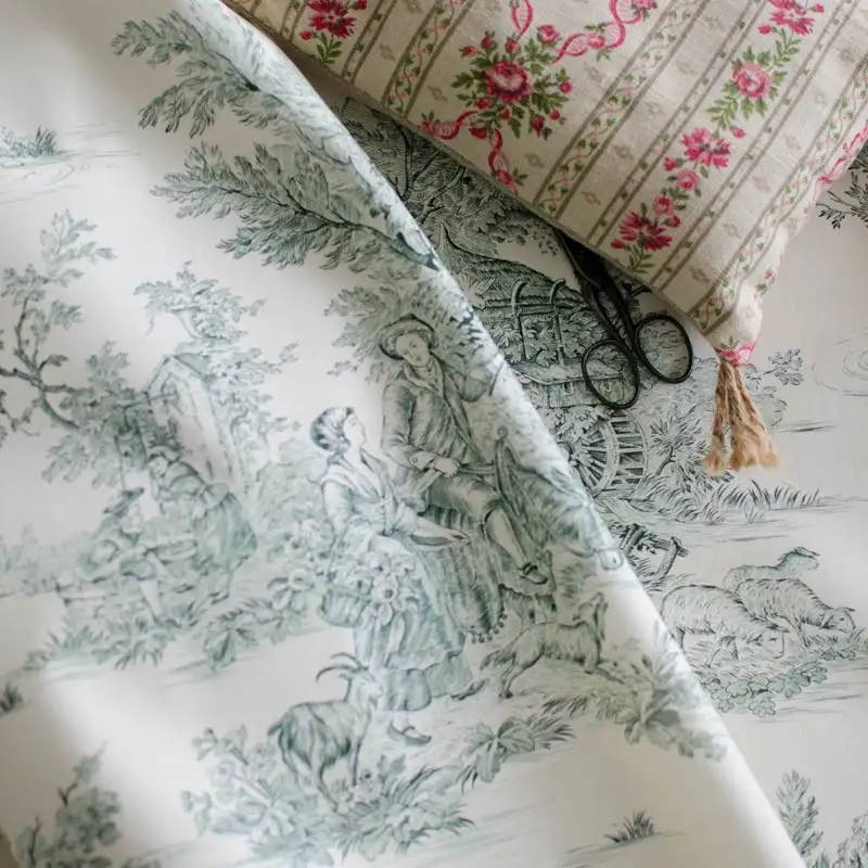 Tissu Coton Enduit Mini Pastorale Motif Toile De Jouy Bleu