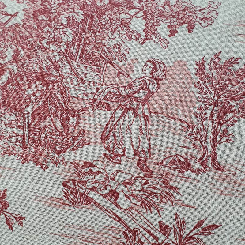 Toile De Coton Pastorale Rouge - Impression Oiseaux & Fleurs - Vente Au Demi-mètre