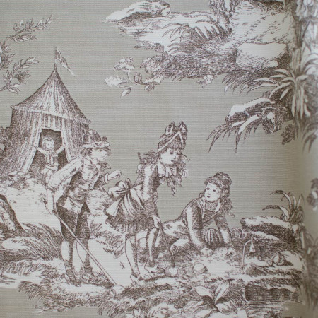 Toile de Jouy coton Histoire d'Eau sépia fond lin